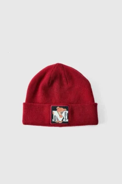 New boohooMAN Varsity Bear Graphic Beanie red