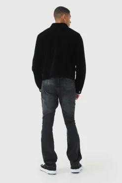 Shop boohooMAN Velour Trucker Jacket In black