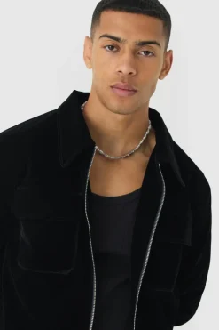 Shop boohooMAN Velour Trucker Jacket In black