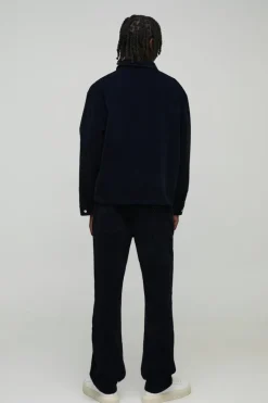 New boohooMAN Velvet Denim Zip Through Overshirt navy