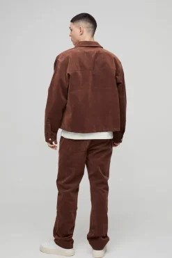 Outlet boohooMAN Velvet Denim Zip Through Overshirt brown