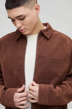 Outlet boohooMAN Velvet Denim Zip Through Overshirt brown