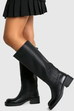Cheap boohoo Vintage Look Burnished Toe Column Knee High Boot black
