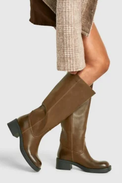 Store boohoo Vintage Look Burnished Toe Column Knee High Boot brown