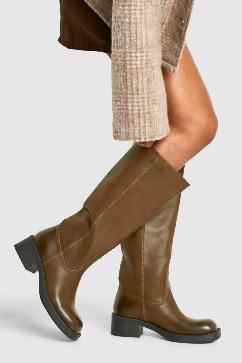 Store boohoo Vintage Look Burnished Toe Column Knee High Boot brown