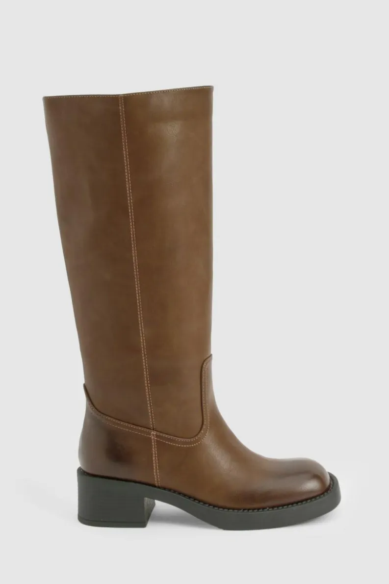 Store boohoo Vintage Look Burnished Toe Column Knee High Boot brown