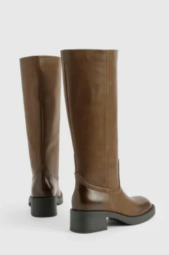 Store boohoo Vintage Look Burnished Toe Column Knee High Boot brown