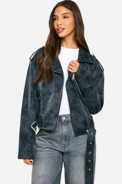 Best Sale boohoo Vintage Look Faux Leather Biker Jacket grey