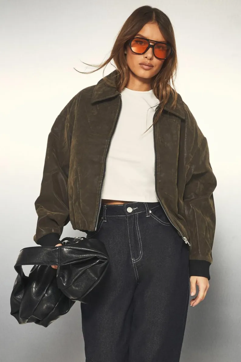 Cheap boohoo Vintage Look Faux Leather Bomber Jacket brown