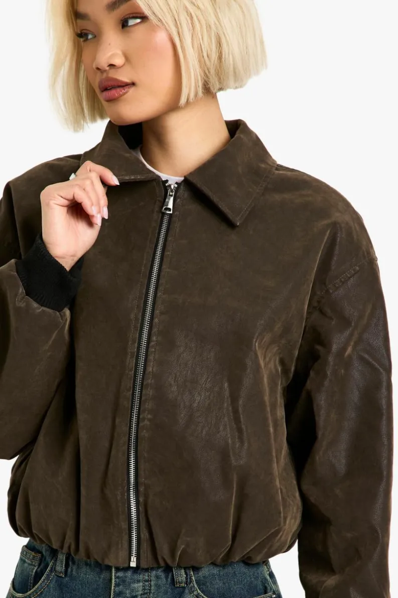 Cheap boohoo Vintage Look Faux Leather Bomber Jacket brown