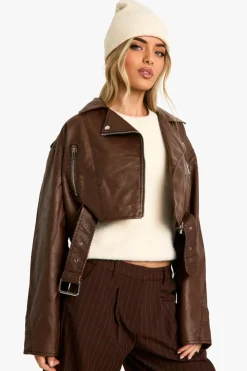 Best Sale boohoo Vintage Look Faux Leather Crop Biker Jacket brown
