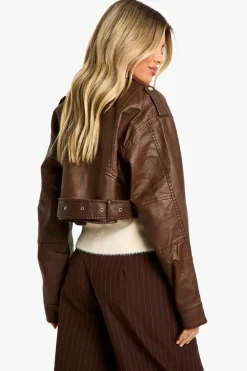Best Sale boohoo Vintage Look Faux Leather Crop Biker Jacket brown