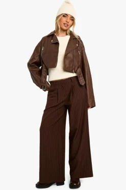 Best Sale boohoo Vintage Look Faux Leather Crop Biker Jacket brown