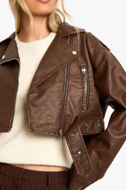 Best Sale boohoo Vintage Look Faux Leather Crop Biker Jacket brown