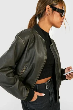New boohoo Vintage Look Faux Leather Oversized Cropped Bomber Jacket grey