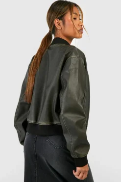 New boohoo Vintage Look Faux Leather Oversized Cropped Bomber Jacket grey