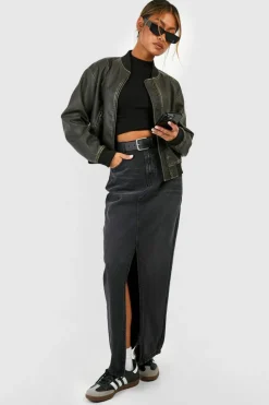 New boohoo Vintage Look Faux Leather Oversized Cropped Bomber Jacket grey