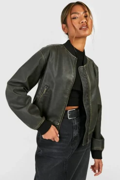 New boohoo Vintage Look Faux Leather Oversized Cropped Bomber Jacket grey