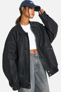 Best Sale boohoo Vintage Look Faux Leather Oversized Bomber Jacket dark blue