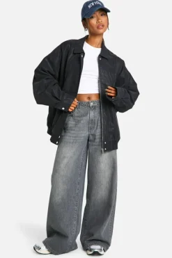 Best Sale boohoo Vintage Look Faux Leather Oversized Bomber Jacket dark blue