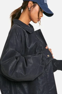 Best Sale boohoo Vintage Look Faux Leather Oversized Bomber Jacket dark blue