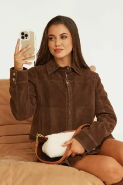 Clearance boohoo Vintage Look Faux Suede Collared Crop Jacket chocolate
