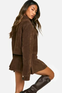 Clearance boohoo Vintage Look Faux Suede Collared Crop Jacket chocolate