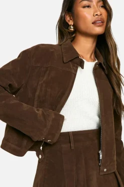 Clearance boohoo Vintage Look Faux Suede Collared Crop Jacket chocolate