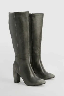 Store boohoo Vintage Look Knee High Block Heel Boots grey