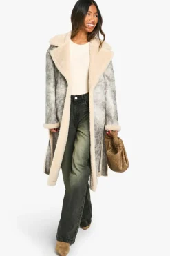 Fashion boohoo Vintage Look Longline Belted Aviator Jacket grey