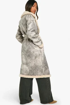 Fashion boohoo Vintage Look Longline Belted Aviator Jacket grey