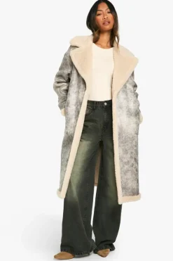 Fashion boohoo Vintage Look Longline Belted Aviator Jacket grey