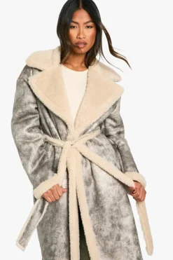 Fashion boohoo Vintage Look Longline Belted Aviator Jacket grey
