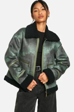 Fashion boohoo Vintage Look Teddy Trim Aviator Jacket green