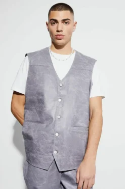 Cheap boohooMAN Vintage Pu Oversized Waistcoat Vest charcoal