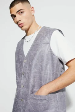 Cheap boohooMAN Vintage Pu Oversized Waistcoat Vest charcoal
