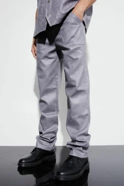 Sale boohooMAN Vintage Pu Straight Leg Zip Suit Trousers charcoal