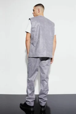 Sale boohooMAN Vintage Pu Straight Leg Zip Suit Trousers charcoal