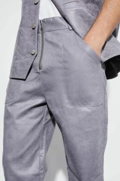 Sale boohooMAN Vintage Pu Straight Leg Zip Suit Trousers charcoal
