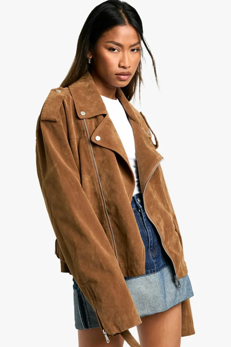 Clearance boohoo Vintage Suede Look Oversized Biker Jacket tan