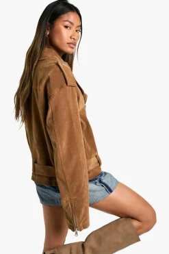 Clearance boohoo Vintage Suede Look Oversized Biker Jacket tan
