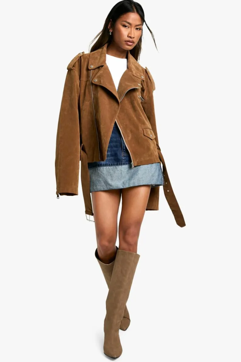 Clearance boohoo Vintage Suede Look Oversized Biker Jacket tan
