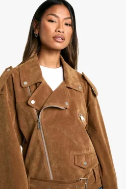 Clearance boohoo Vintage Suede Look Oversized Biker Jacket tan