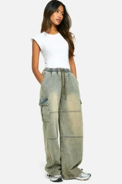 Sale boohoo Elasticated Waist Baggy Cargo Jeans vintage wash