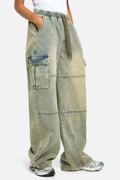 Sale boohoo Elasticated Waist Baggy Cargo Jeans vintage wash