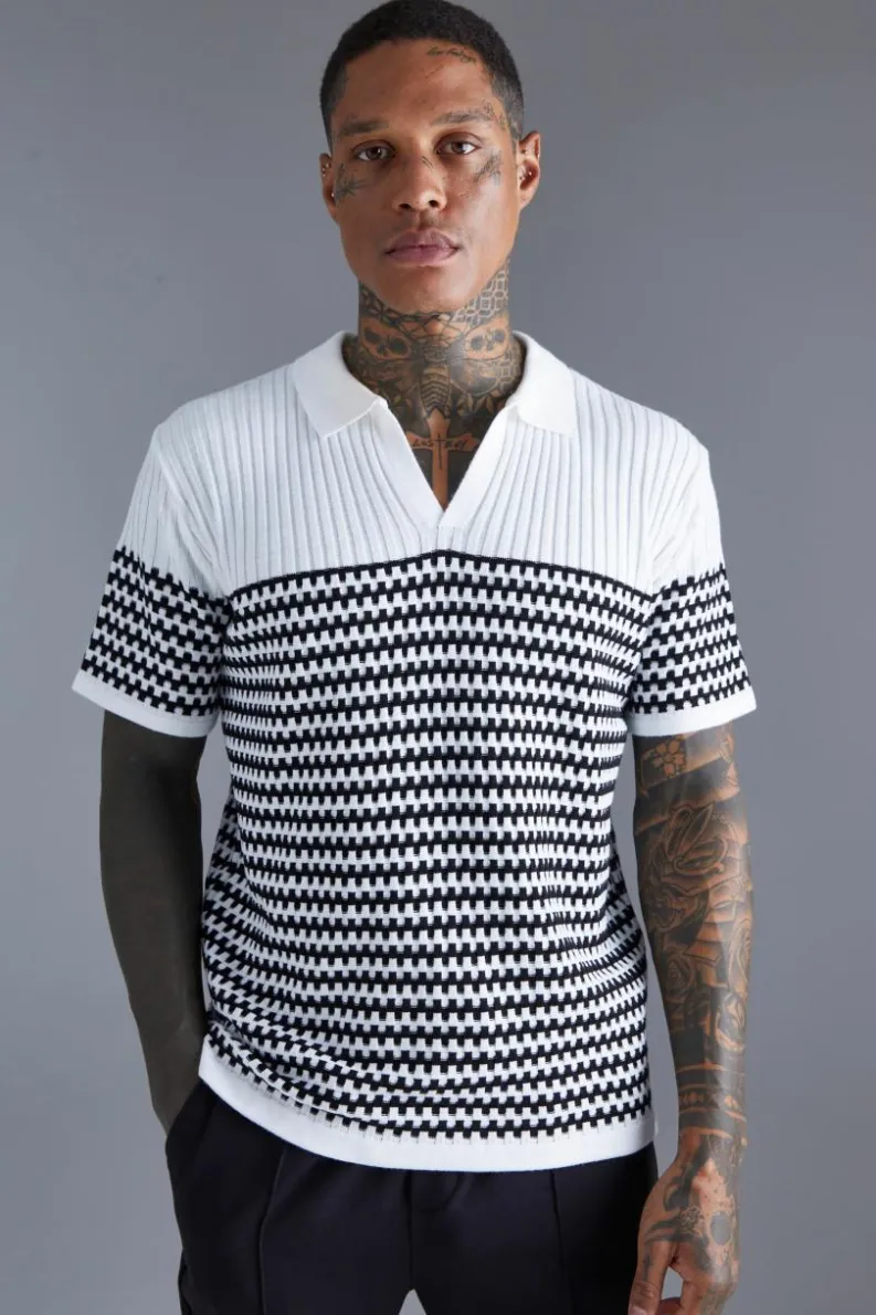 Outlet boohooMAN V Neck Striped Knitted Polo white