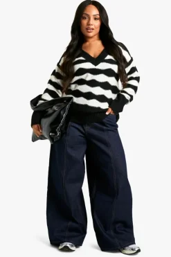 Best boohoo V Neck Strip Oversized Knitted Jumper black