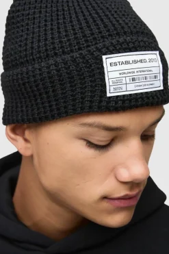Flash Sale boohooMAN Waffle Knit Tab Beanie black