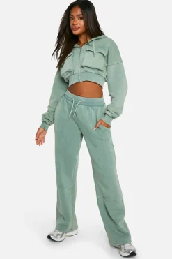 Cheap boohoo Washed Cargo Pocket Boxy Crop Hooded Tracksuit khaki