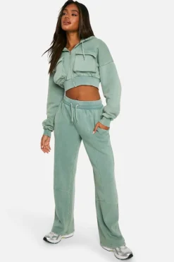 Cheap boohoo Washed Cargo Pocket Boxy Crop Hooded Tracksuit khaki